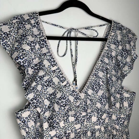 Anthropologie V-Neck Plunge Mini Tunic Dress Blue Cream Size L Garden Party - Picture 7 of 12